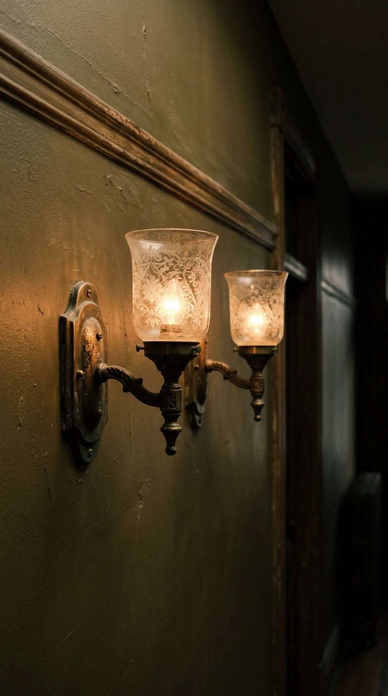 Pair of aged brass wall sconces with etched glass shades in a Victorian hallway