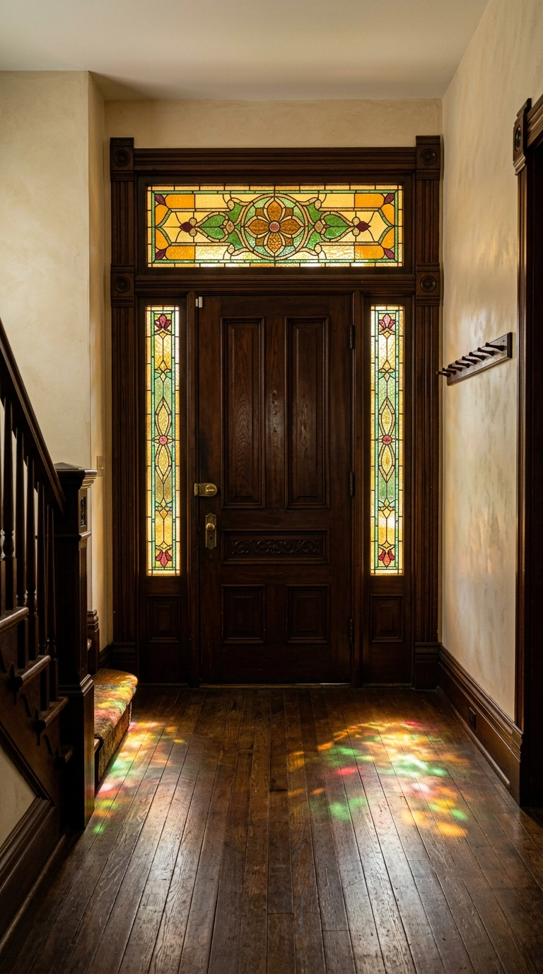 Victorian entry with amber and green stained glass transom and side lights
