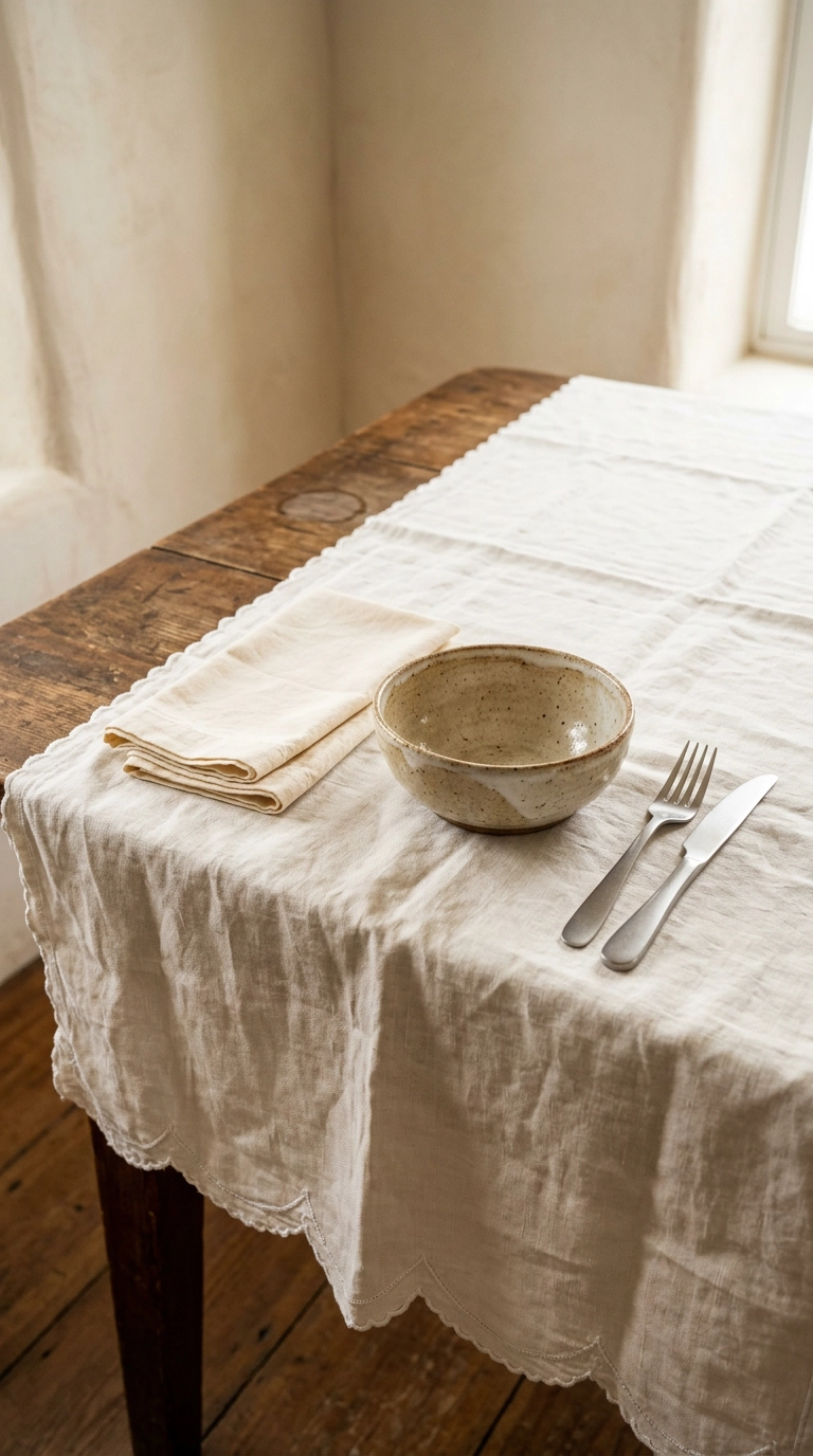 Vintage ivory linen tablecloth with embroidered edge styled on a cottage dining table