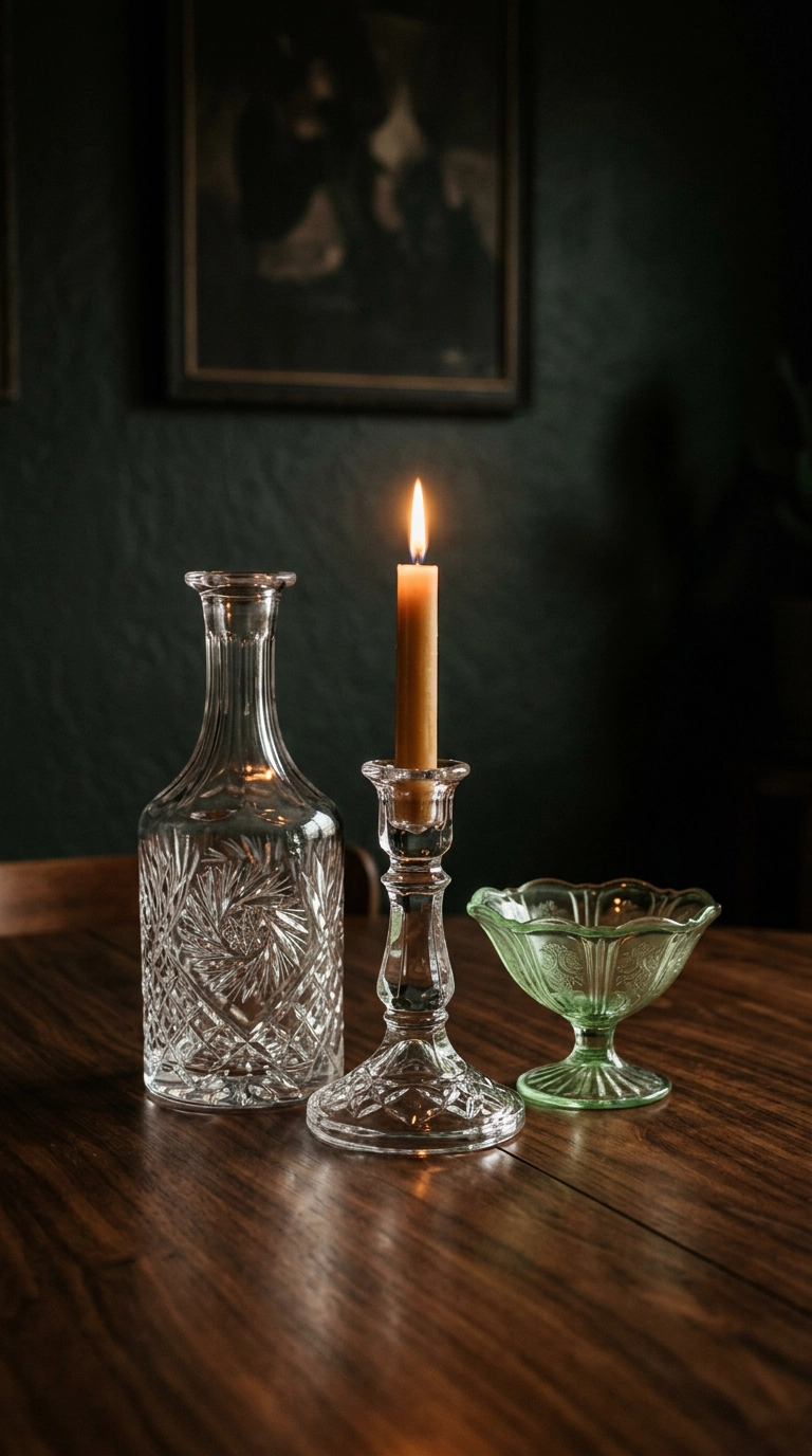 Grouped vintage cut crystal and green Depression glass on a walnut dining table by candlelight