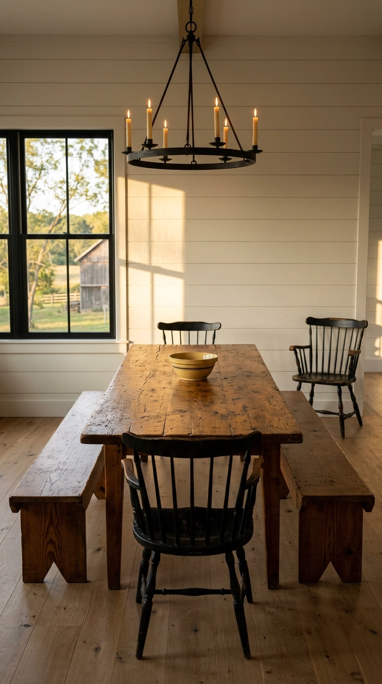 Heavy antique pine farm table with benches and Windsor chairs in a modern farmhouse
