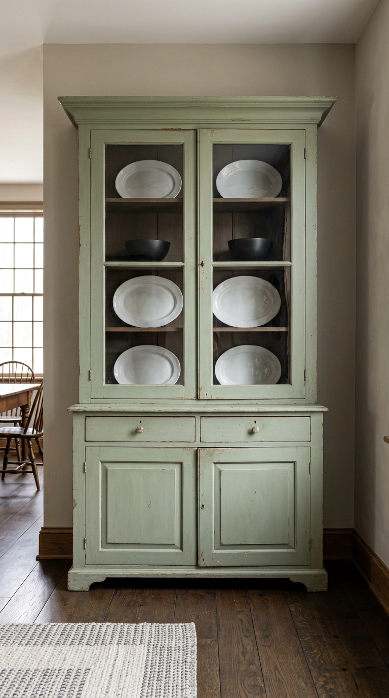 Antique sage green painted pine hutch styled with modern white stoneware