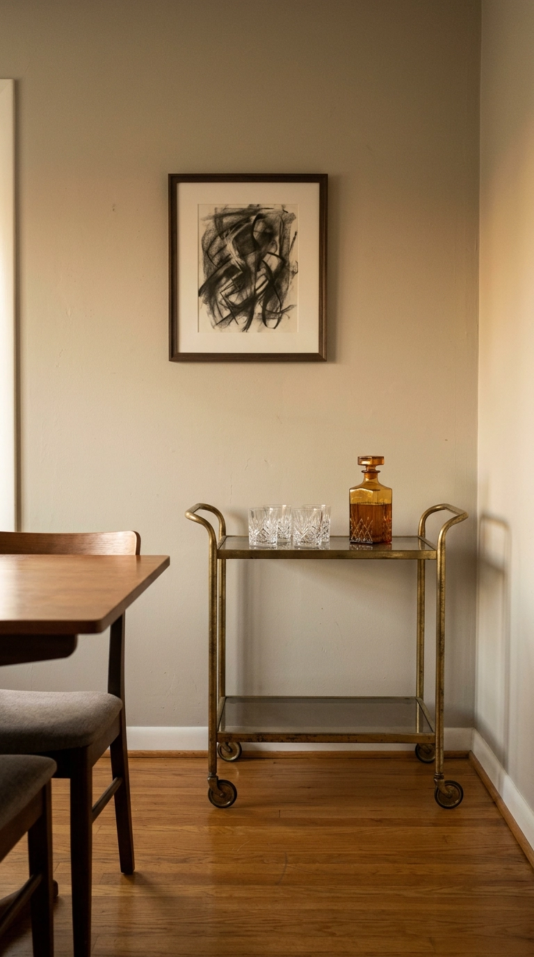 Vintage brass and smoked glass bar cart styled with crystal glasses in a dining room