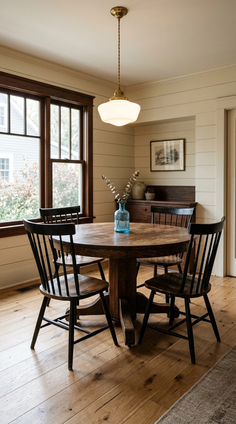 Antique oak round pedestal dining table with Windsor chairs in a craftsman dining room