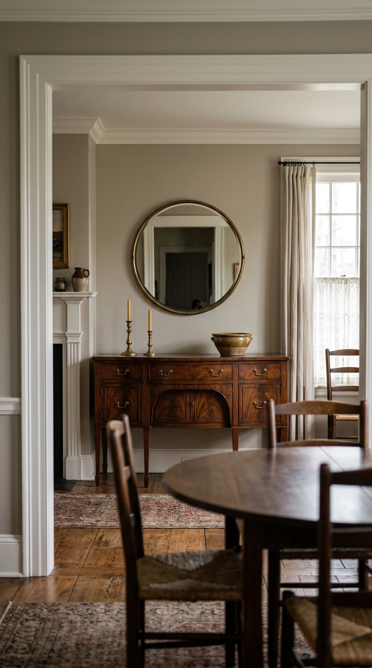 Vintage mahogany buffet sideboard placed on the main sightline of a dining room