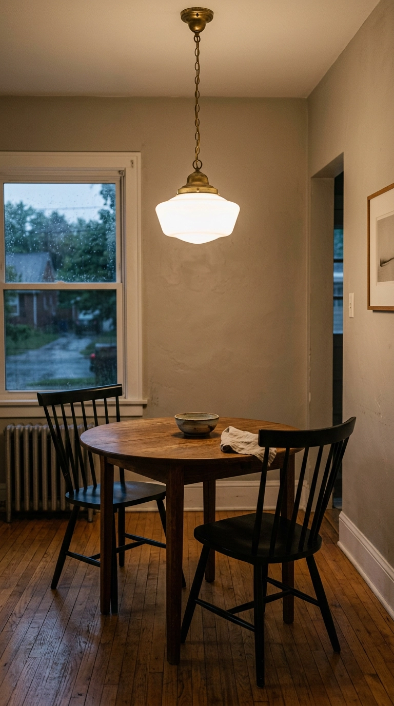 Vintage milk glass schoolhouse pendant light above a small round oak dining table