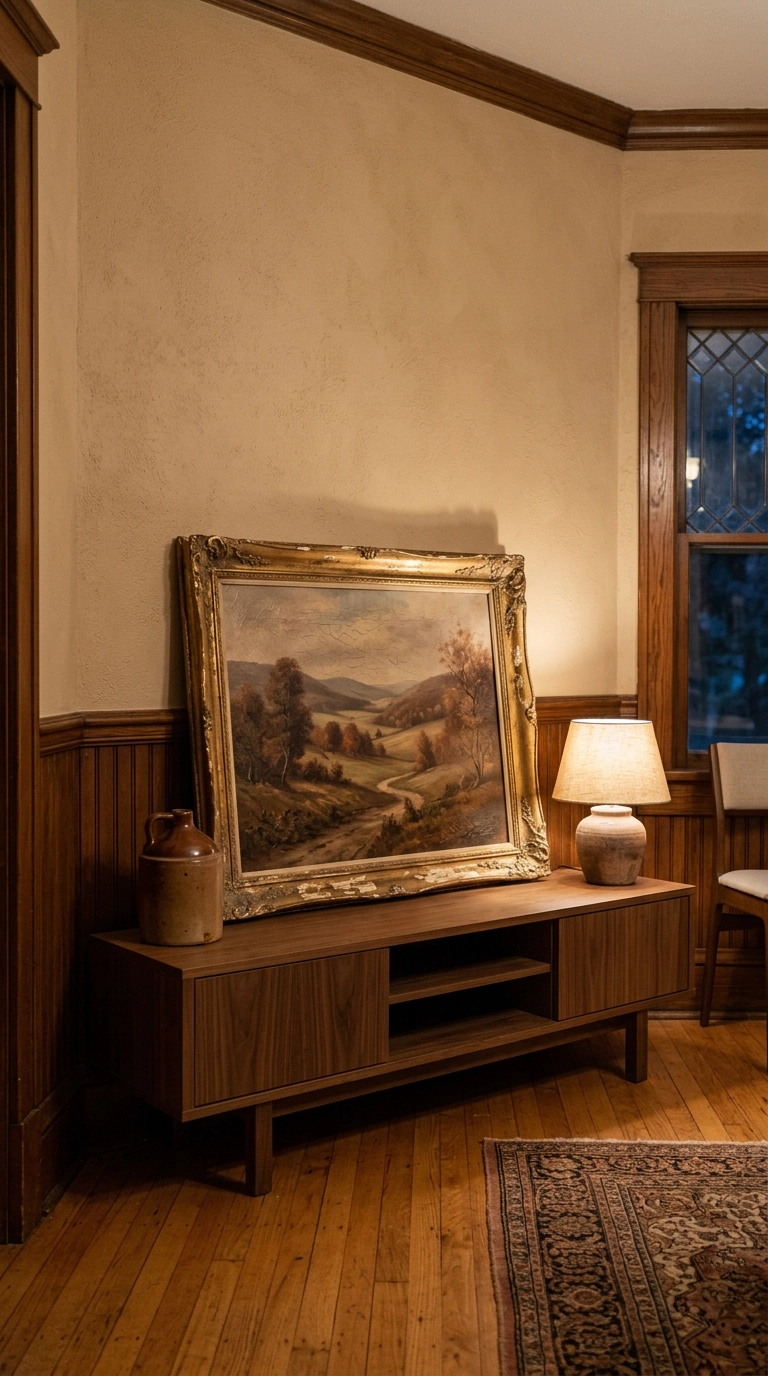 Vintage oil landscape painting in a gilt frame leaning on a walnut console