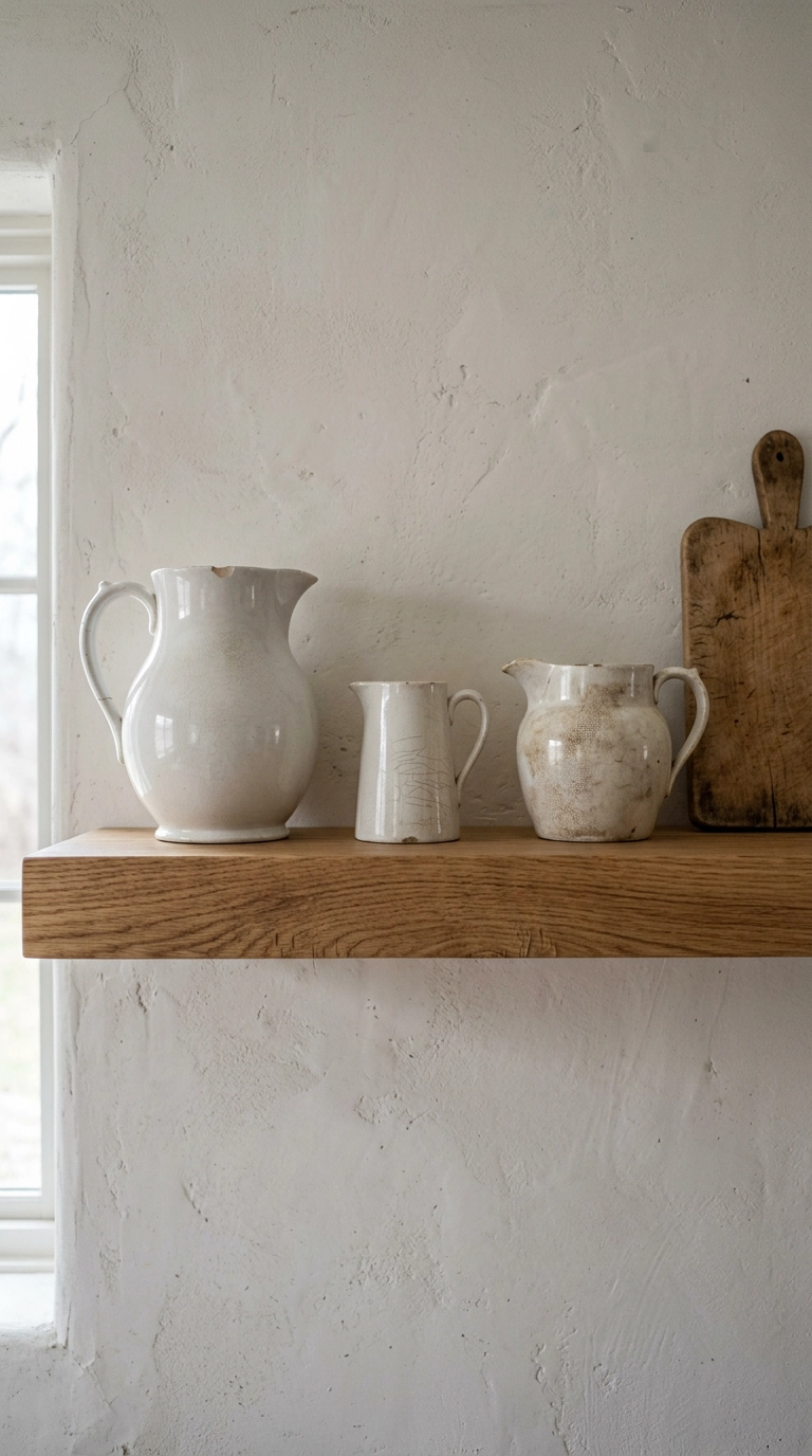 Three white ironstone pitchers of varying heights on a white oak floating shelf