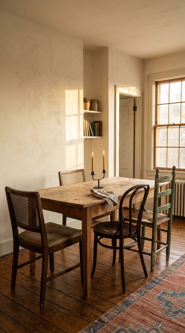 Mismatched vintage cane-back and bistro dining chairs around a farmhouse table
