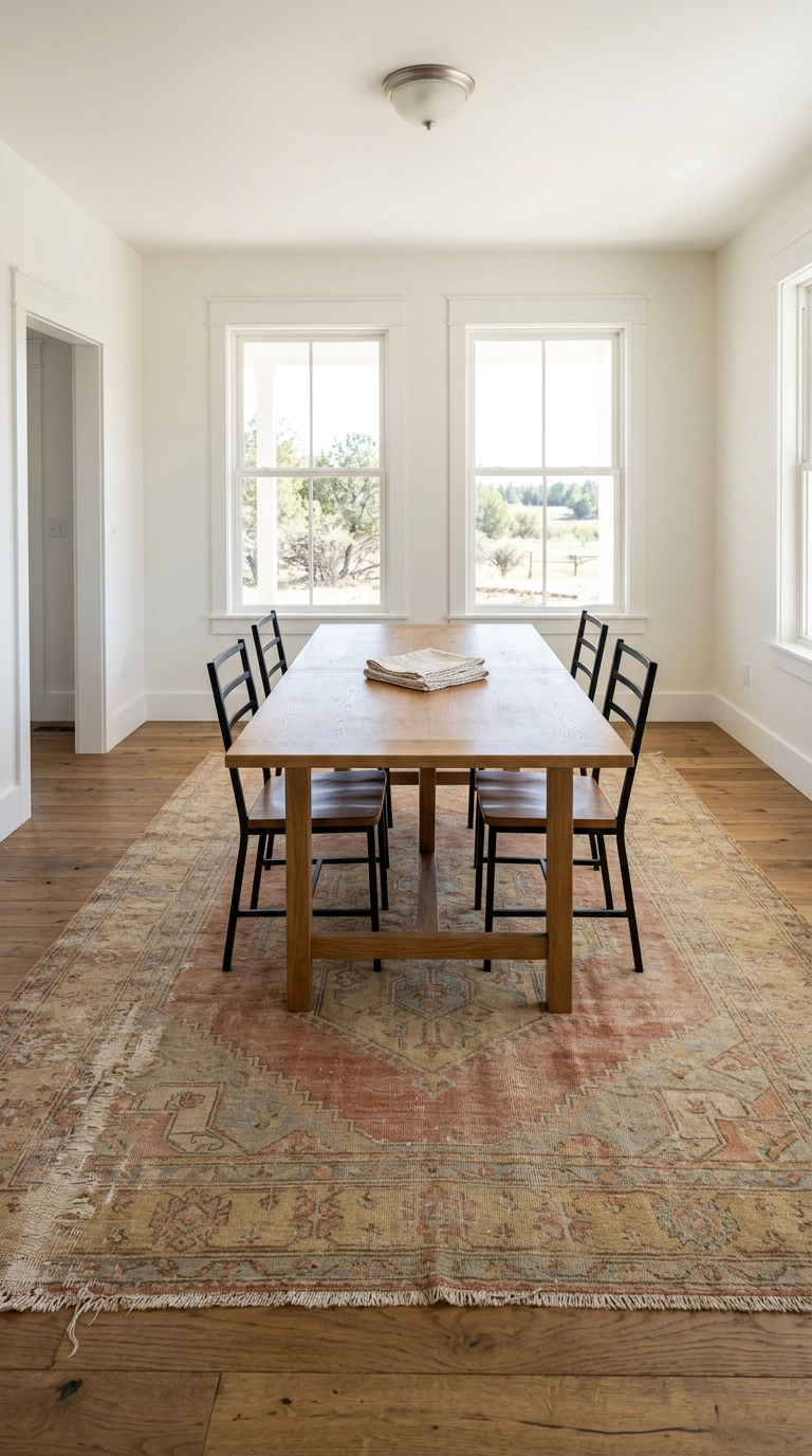Faded antique Turkish Oushak rug under an oak trestle dining table