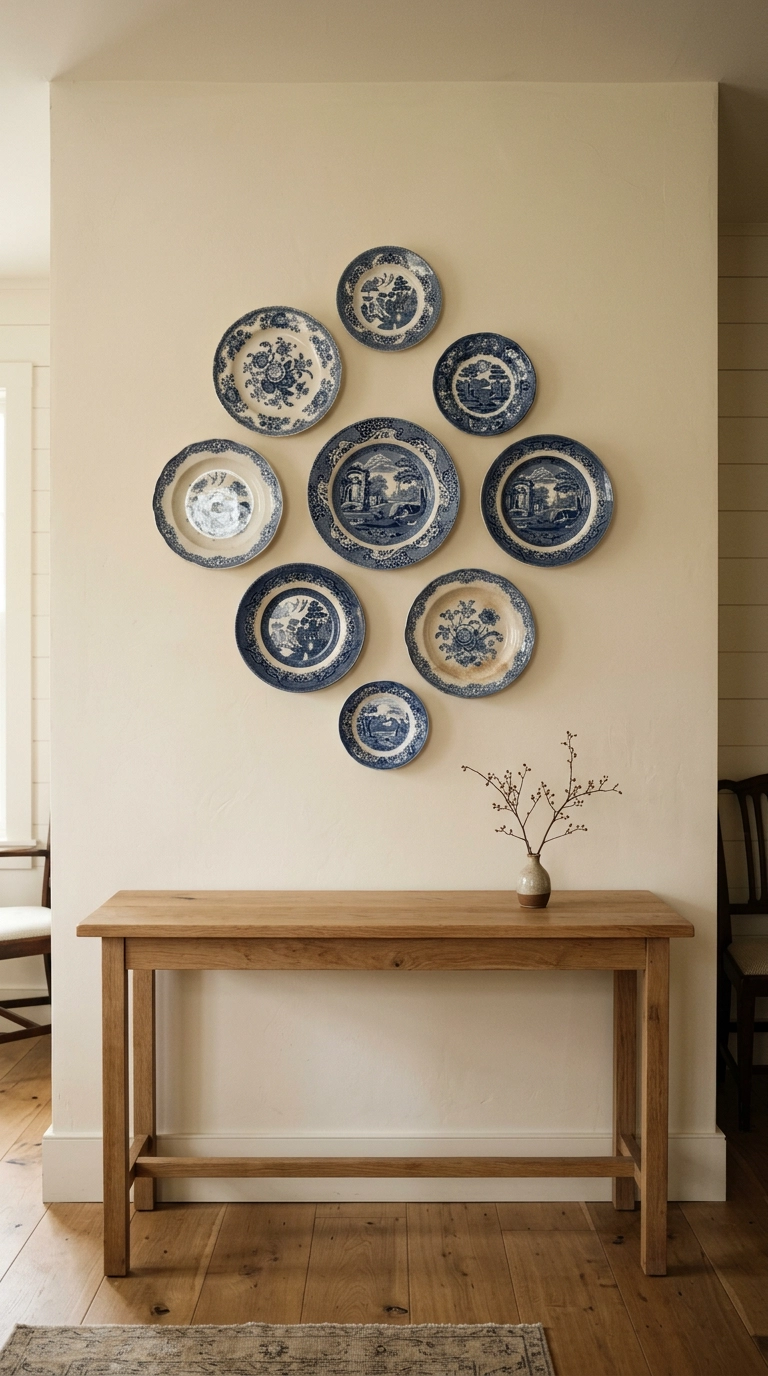 Gallery wall of mismatched blue-and-white vintage transferware plates in a dining room