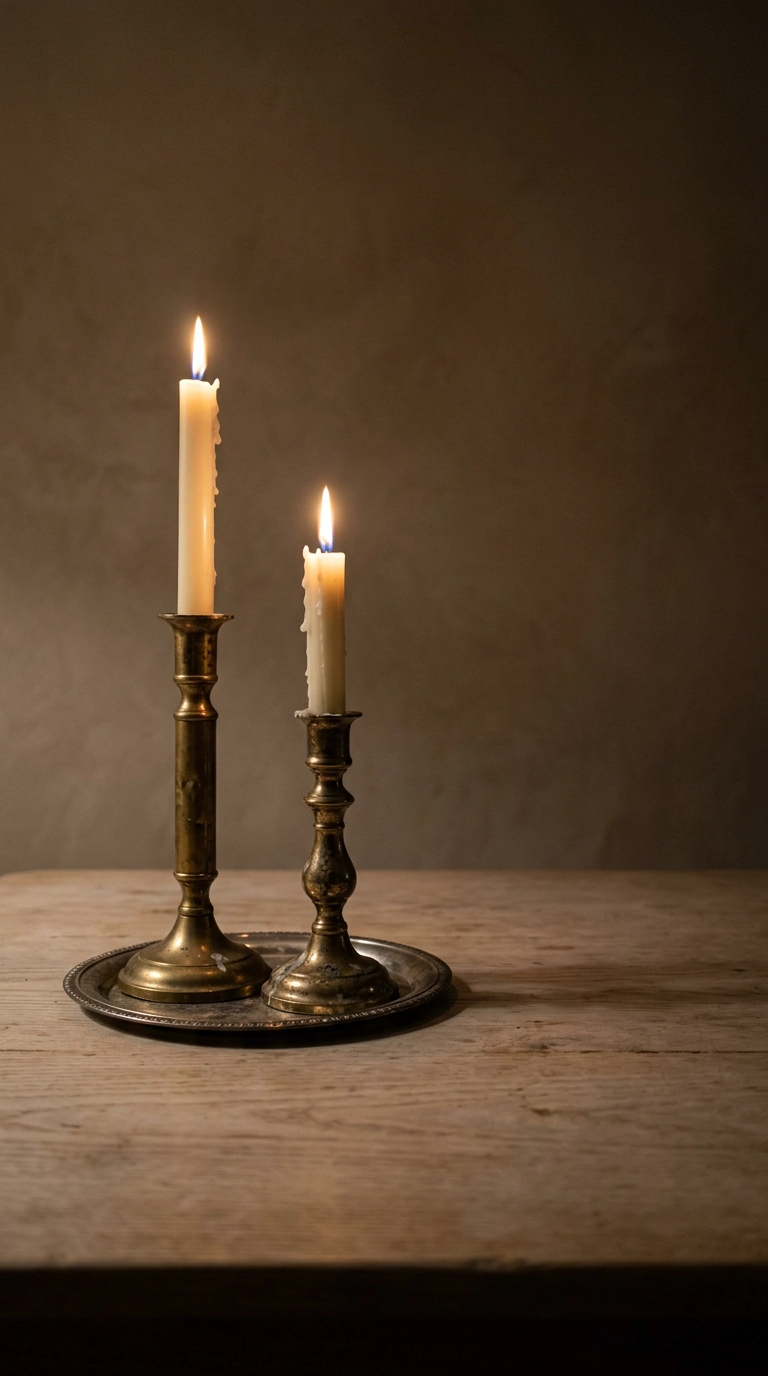 Two mismatched vintage brass candlesticks with beeswax tapers on a silver tray