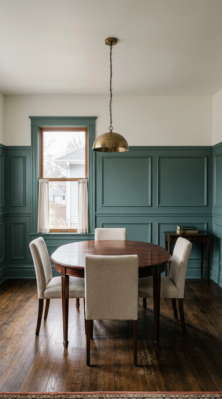 Dining room with picture-frame wall molding painted deep teal-green below warm white