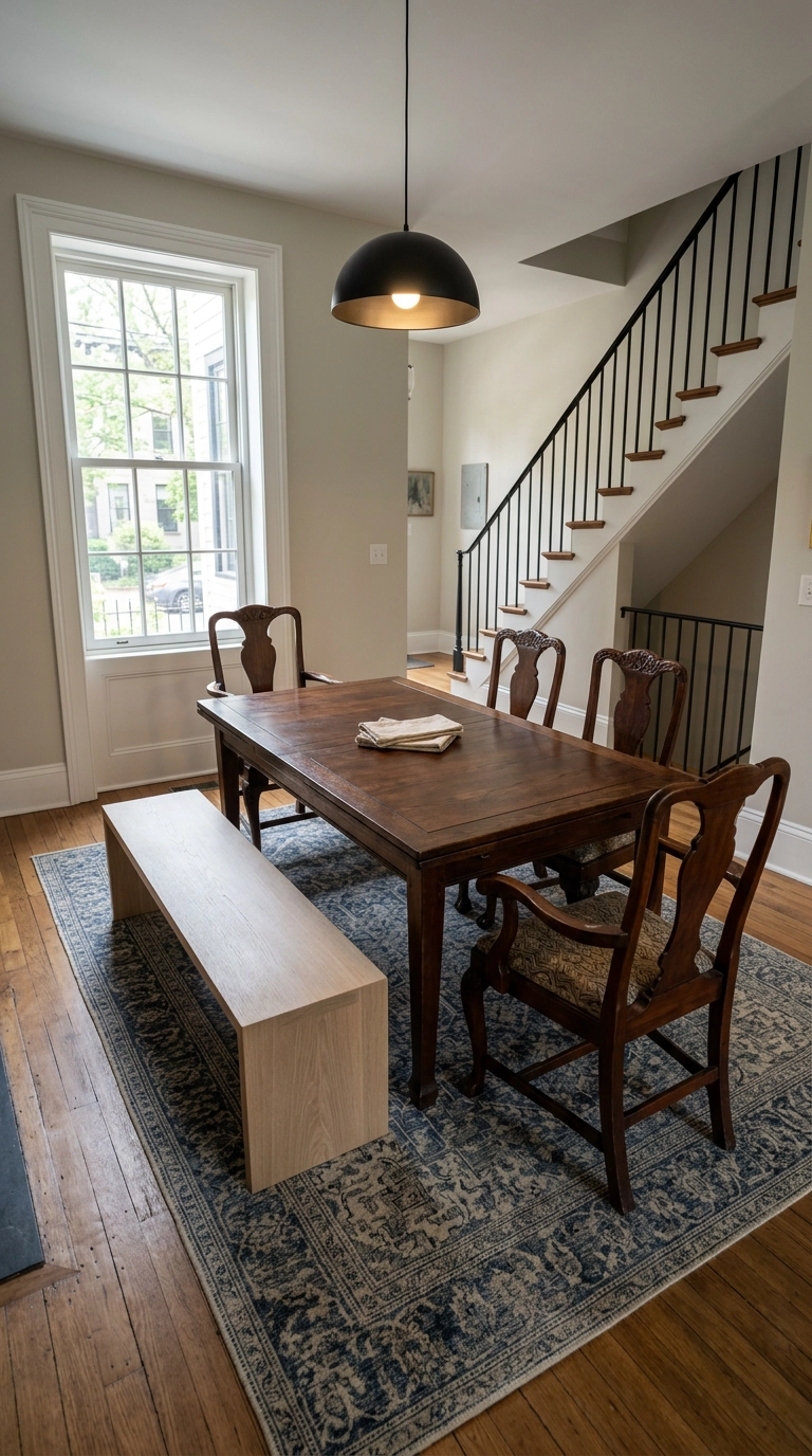 Modern white oak bench paired with vintage carved chairs at a mahogany dining table