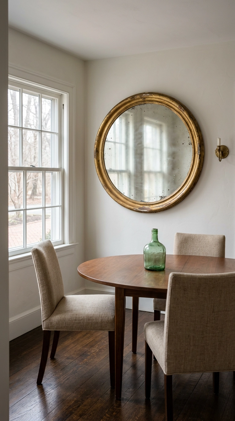 Round vintage gilt mirror hung opposite a window in a north-facing dining room