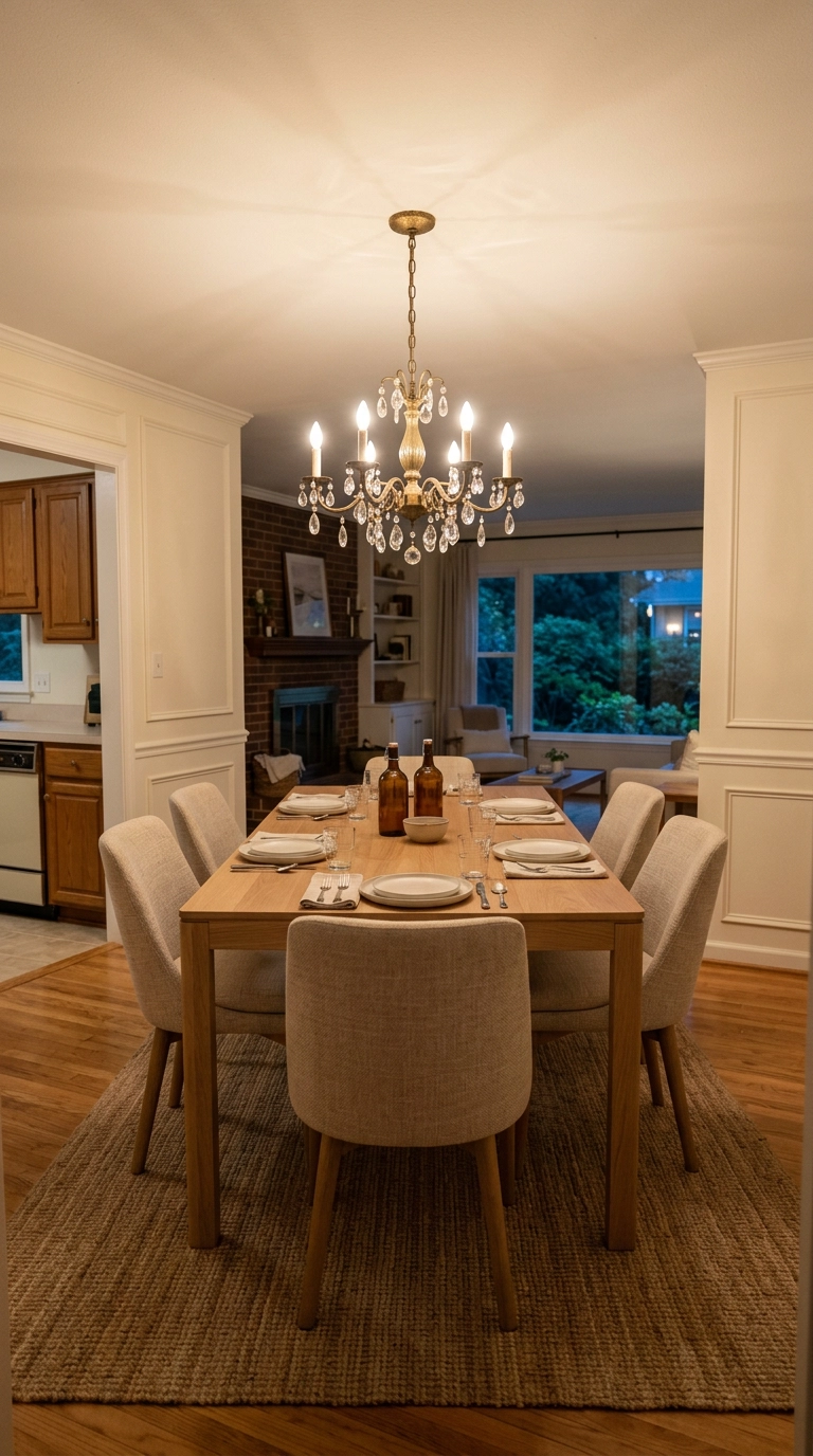 Salvaged crystal chandelier over a modern white oak dining table at dusk