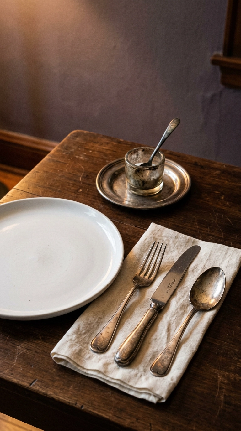 Mismatched tarnished vintage silver plate flatware with modern white stoneware plates