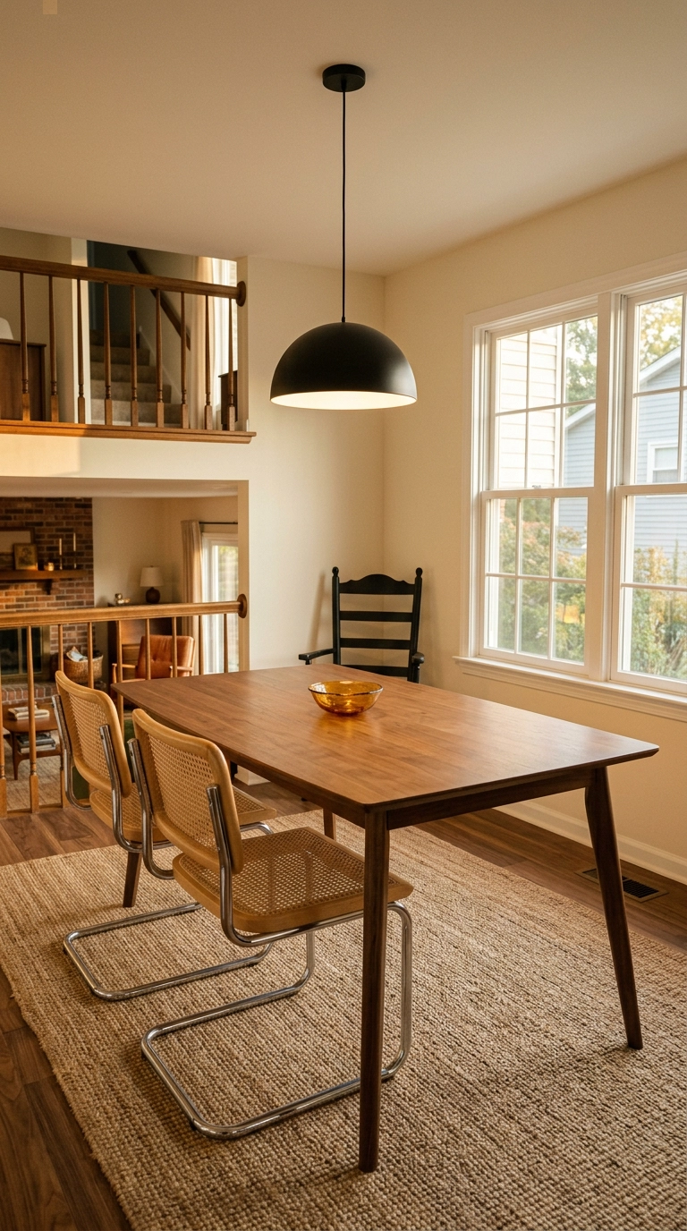 Walnut mid-century dining table mixed with chairs from three different vintage eras