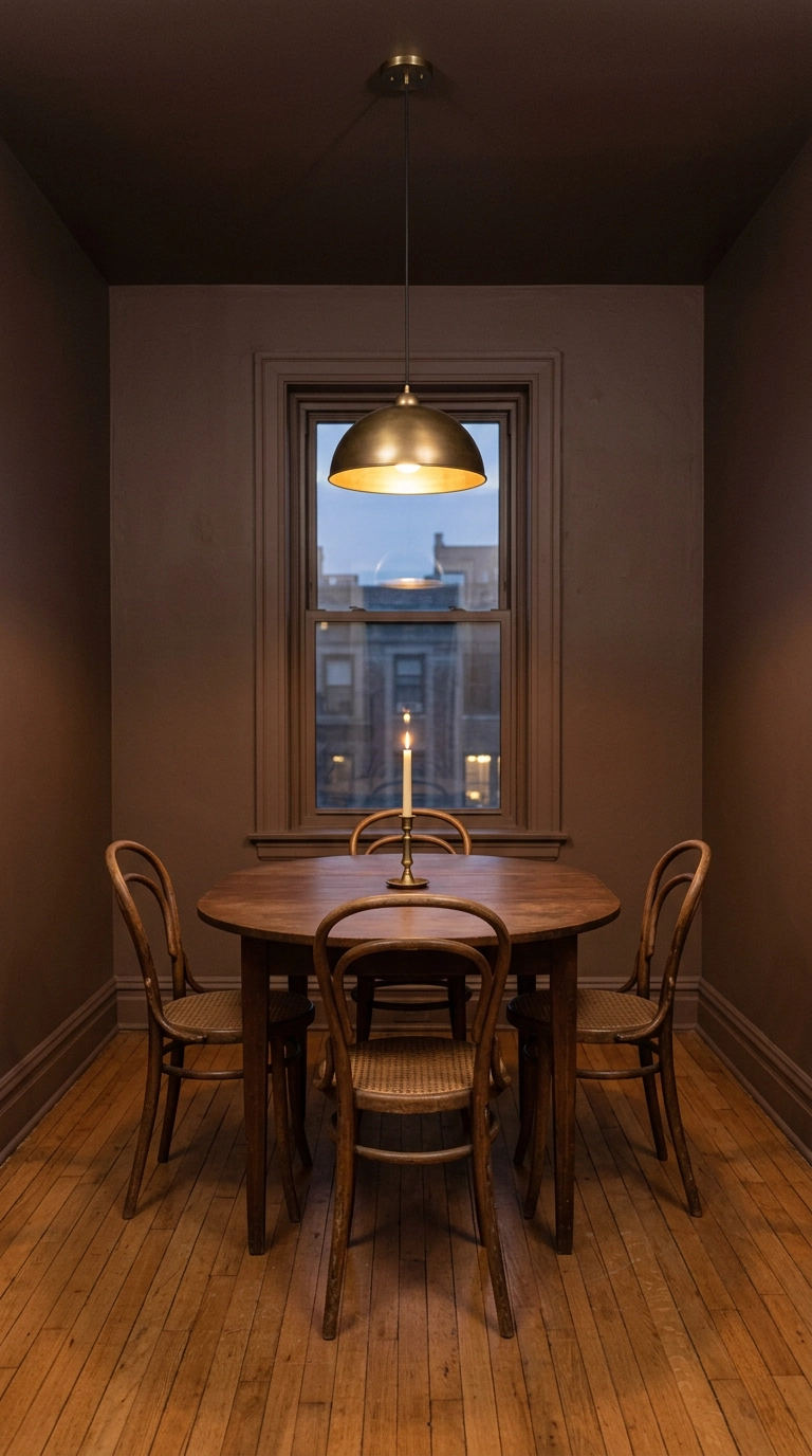 Small dining room color drenched in muted clay-brown across walls, trim and ceiling