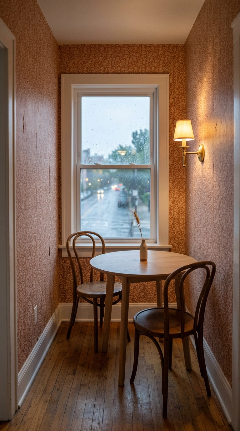 Small dining nook with faded terracotta botanical peel-and-stick wallpaper
