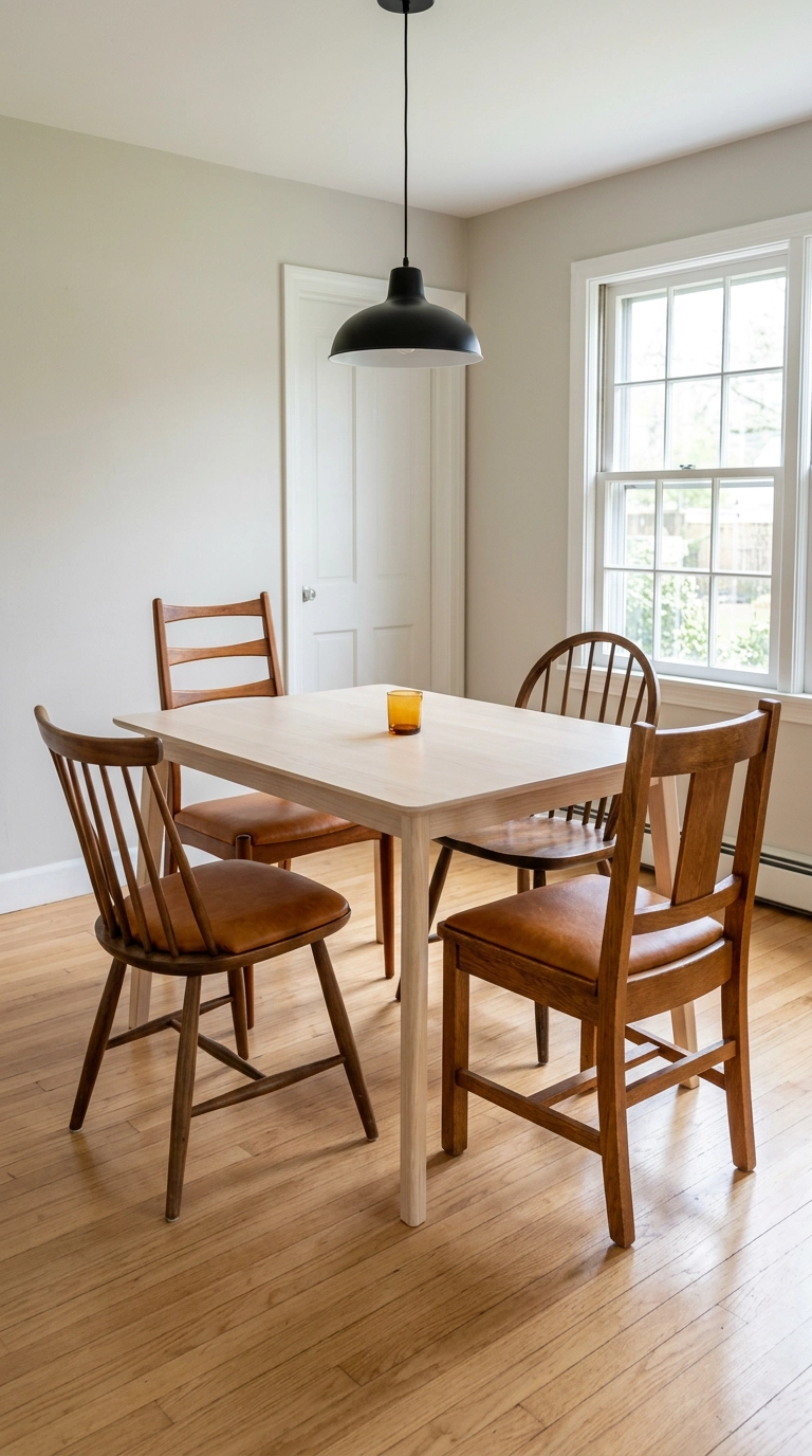 Four mismatched vintage dining chairs unified by matching caramel leather seats