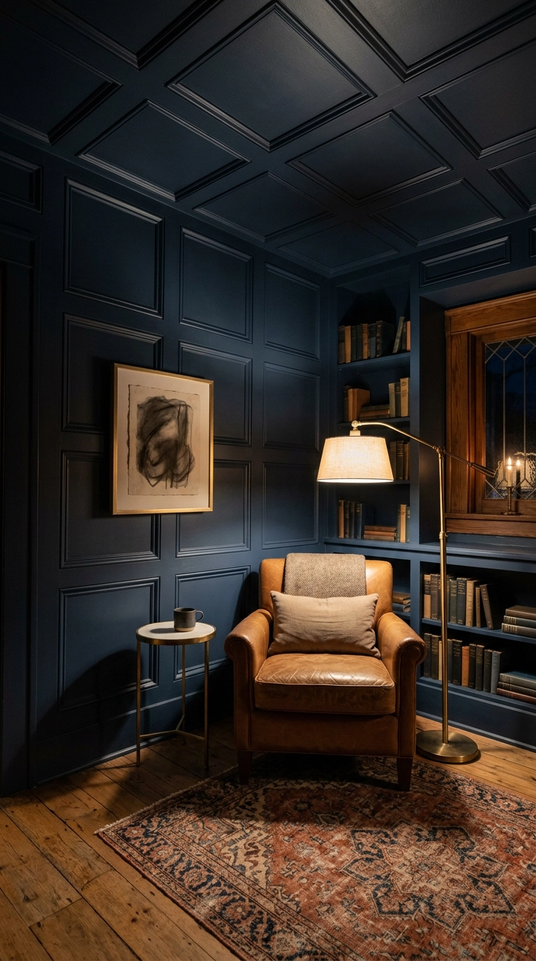 Reading nook with molding boxes on both the wall and ceiling painted deep inky navy
