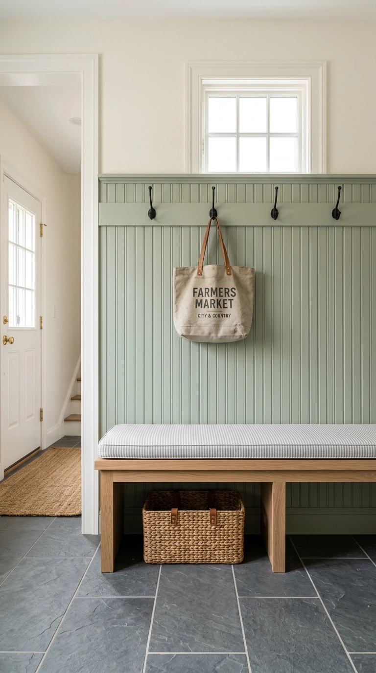 Mudroom with sage green beadboard wainscoting, oak bench and black hooks