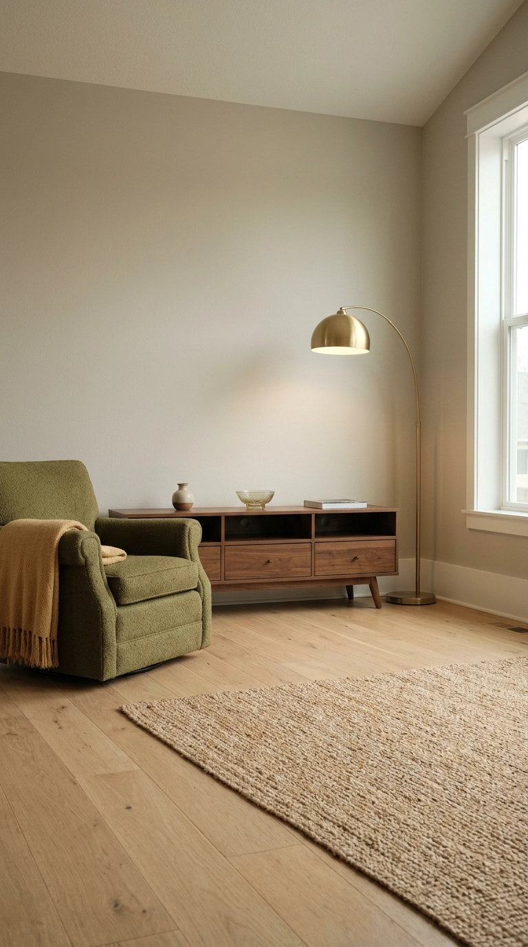 Living room with tall wide bone white baseboard trim against warm greige walls