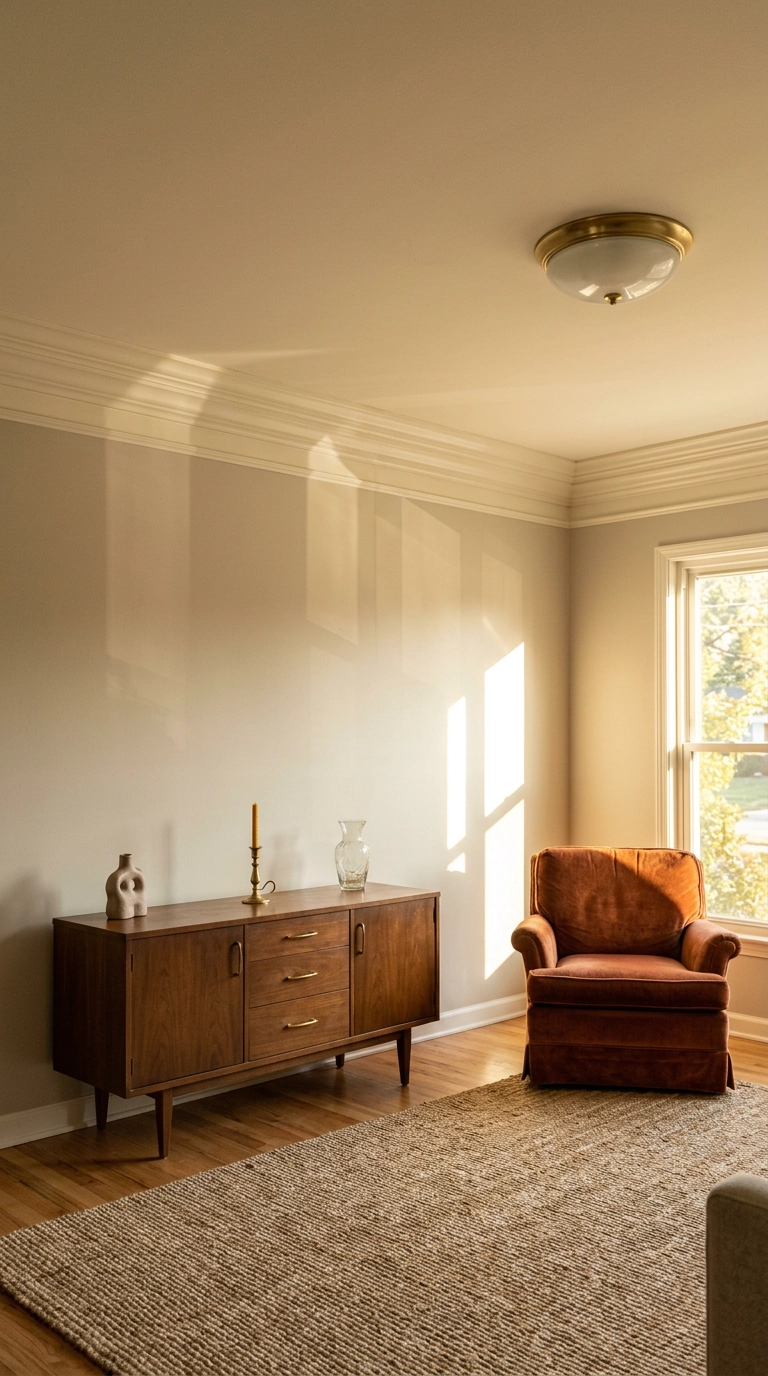 Mid-century living room with wide stepped crown molding painted the same cream as the ceiling