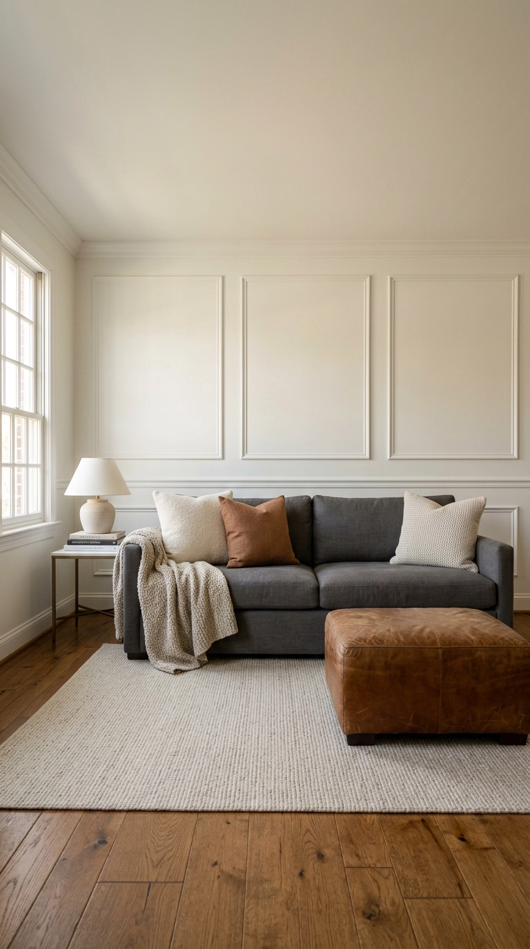 Living room wall with three square picture frame molding boxes painted soft white above a charcoal sofa