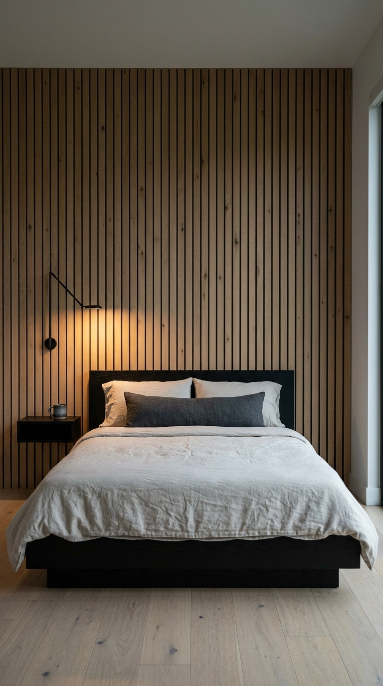Bedroom with vertical white oak slat wall behind a low black platform bed