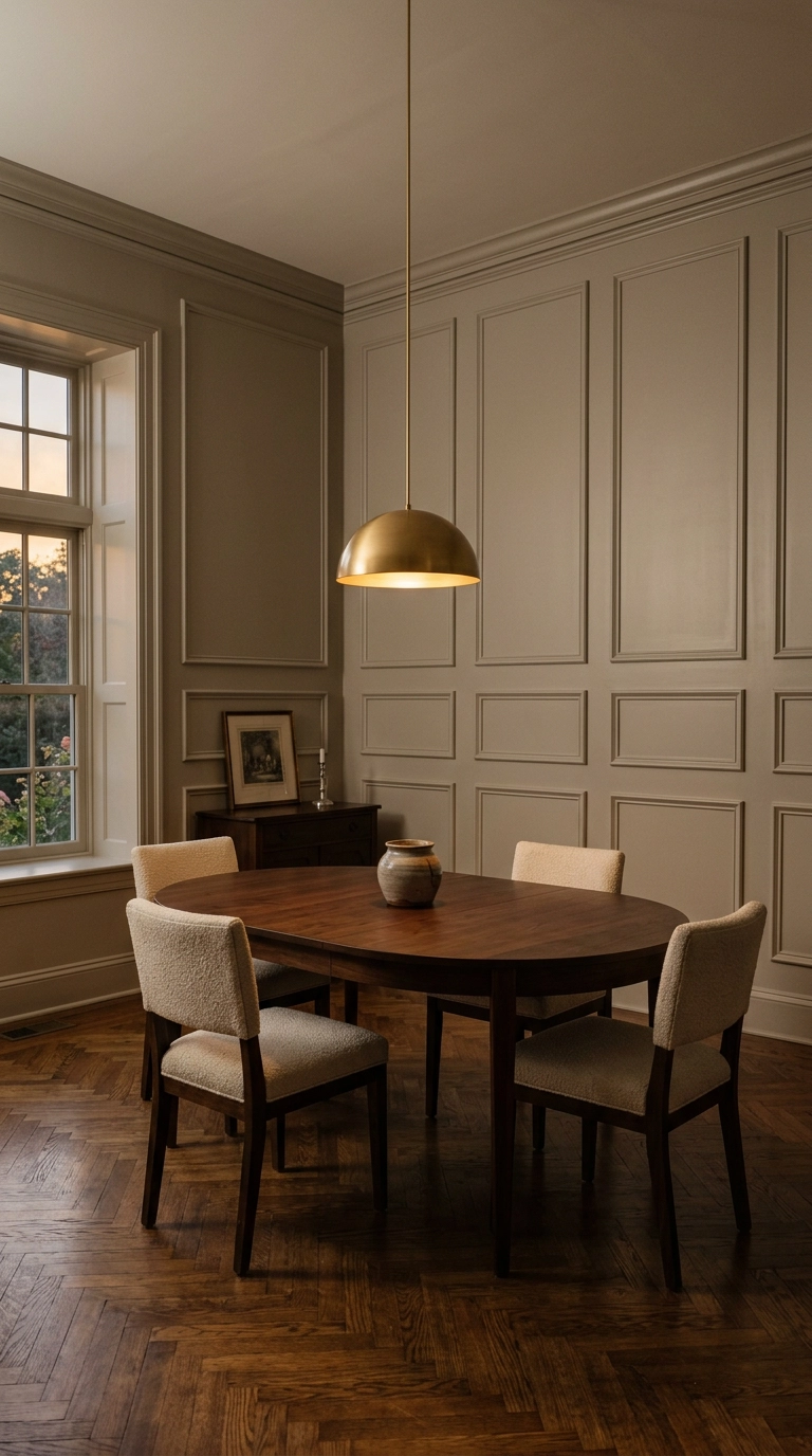 Dining room with two stacked rows of picture frame molding painted mushroom greige