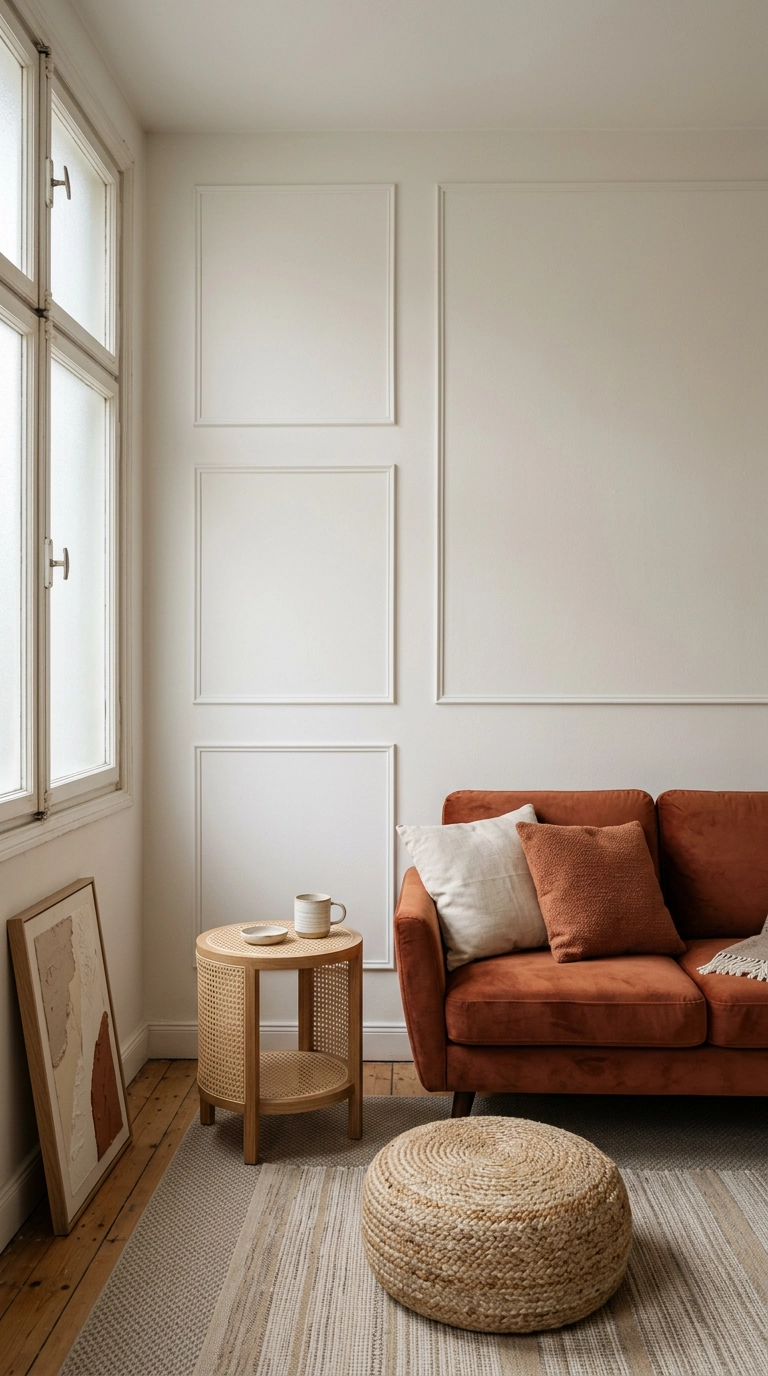 Rental living room with thin square molding strips on a soft white wall behind a rust loveseat