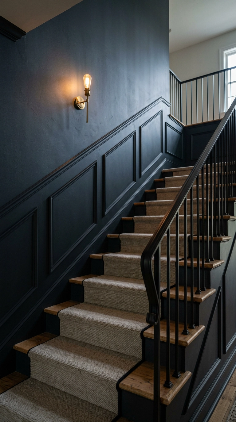 Staircase wall with rectangular panel molding boxes angled to follow the stairs, painted charcoal blue