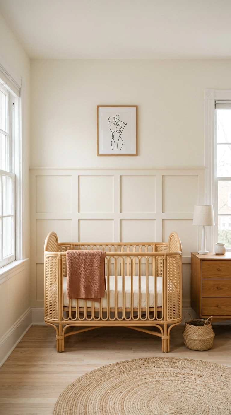 Nursery with square batten grid wall molding painted warm creamy white behind a rattan crib