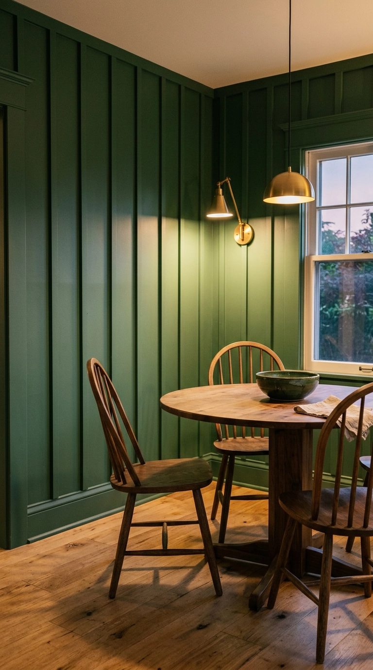 Dining room with floor to ceiling board and batten wall molding painted deep forest green