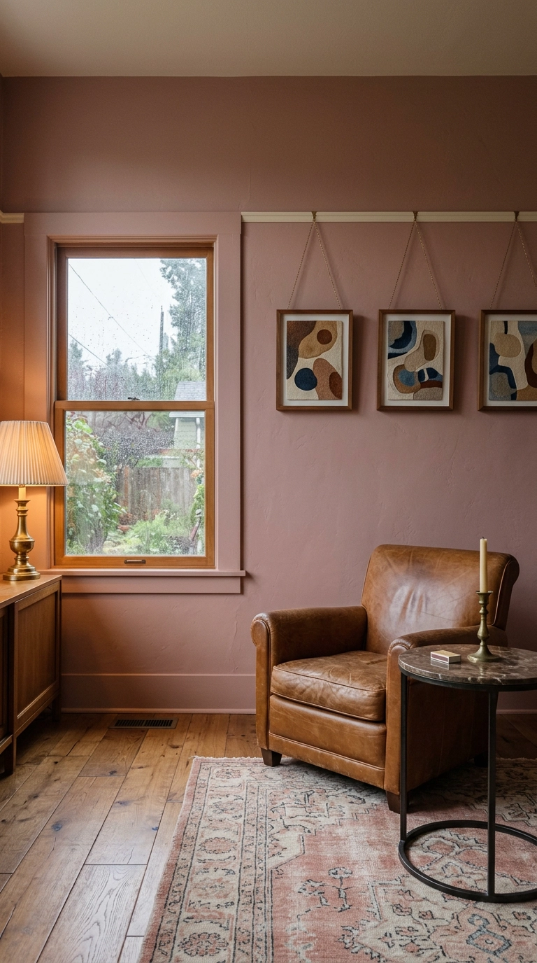 Sitting room with picture rail molding near the ceiling and framed art hung on brass chains