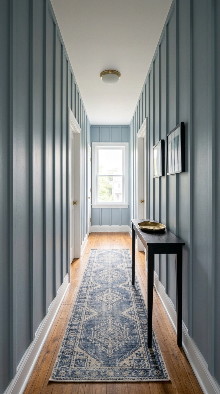 Narrow hallway with full height vertical batten molding painted muted blue grey