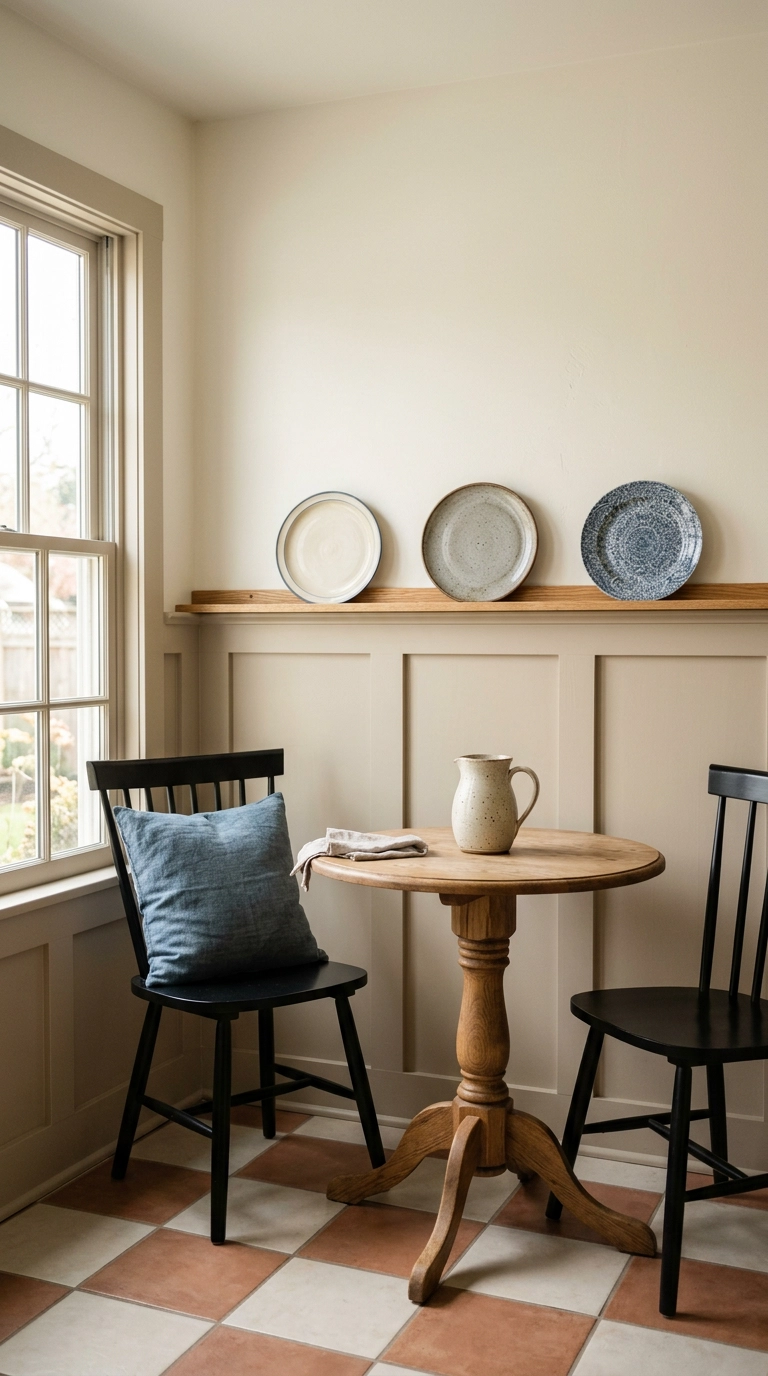 Breakfast nook with putty beige wainscoting topped by a plate rail ledge holding three stoneware plates