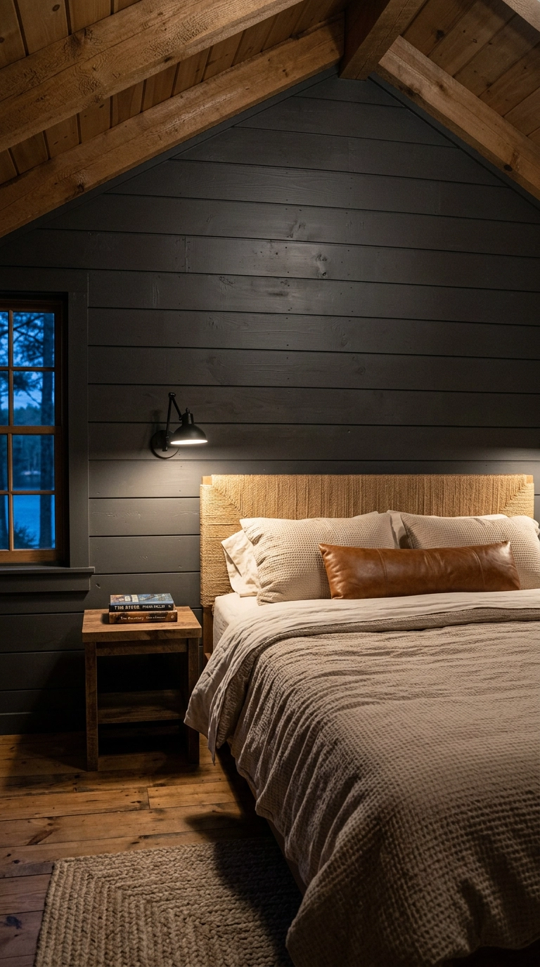 Guest bedroom with horizontal charcoal shiplap plank wall behind a jute headboard bed