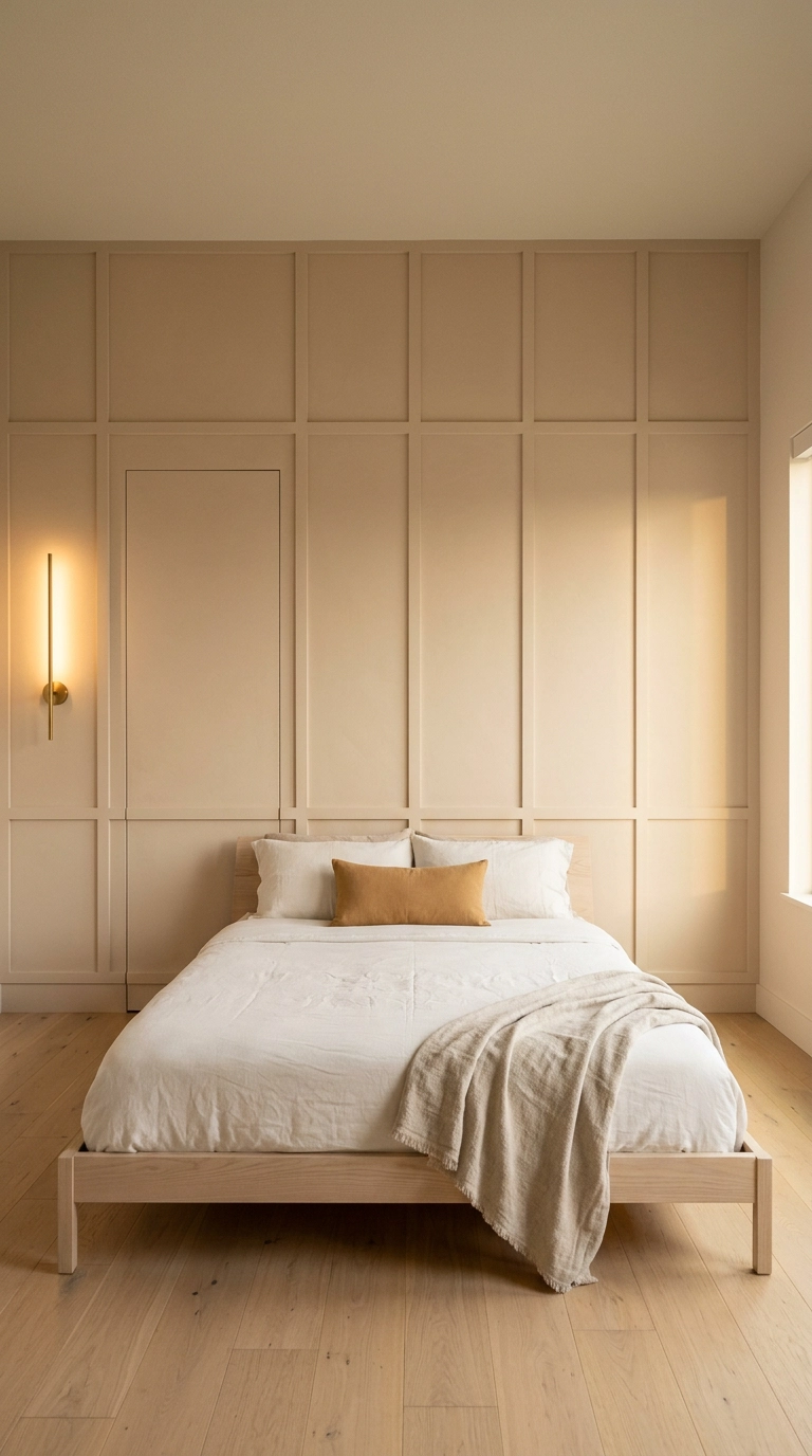 Bedroom with full height flat panel molding wall in warm plaster beige concealing a hidden door