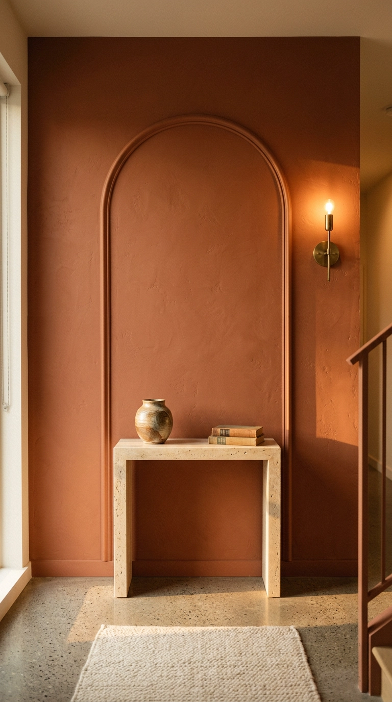 Arched molding shape painted terracotta clay above a travertine console table
