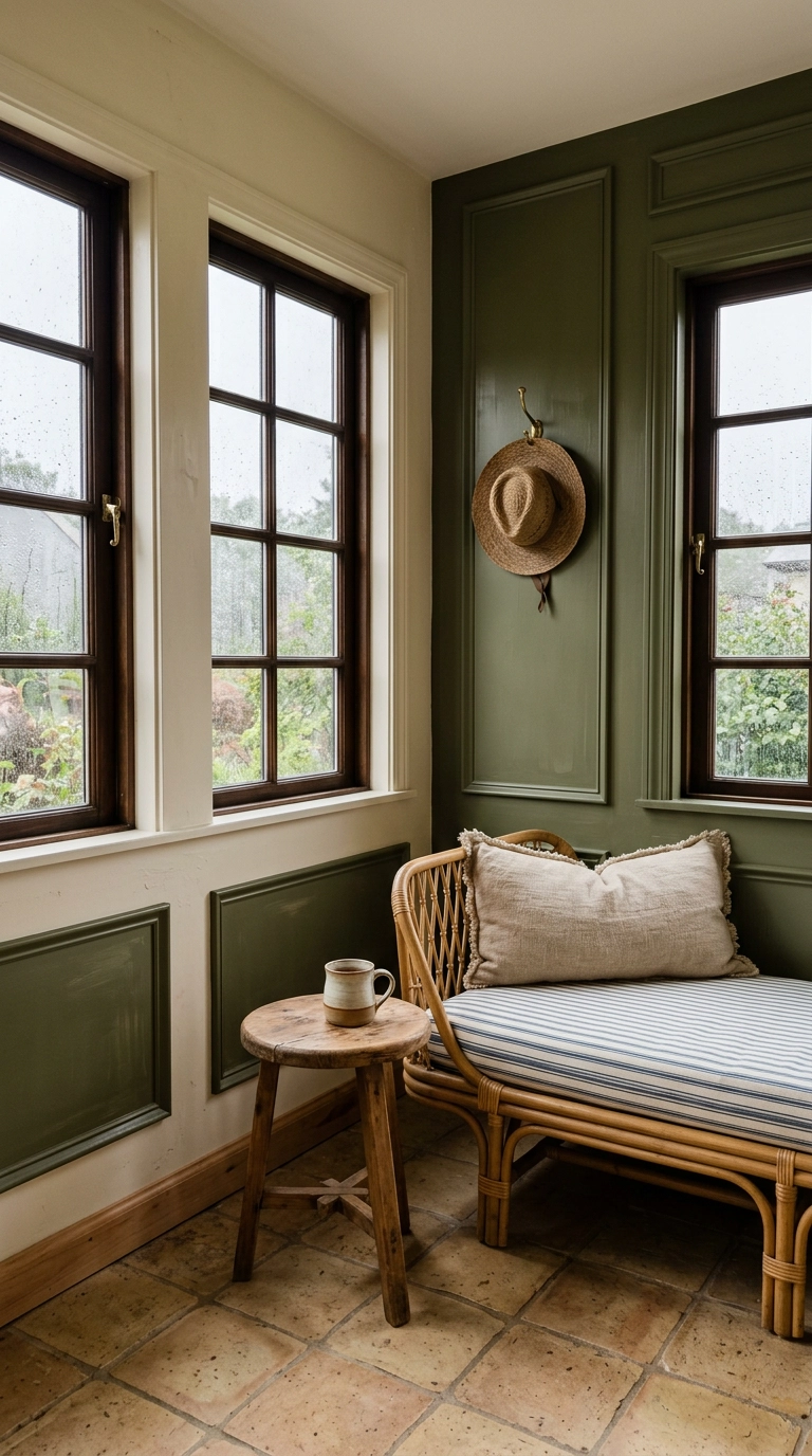 Sunroom with deep olive green panel molding boxes on a chalky cream wall