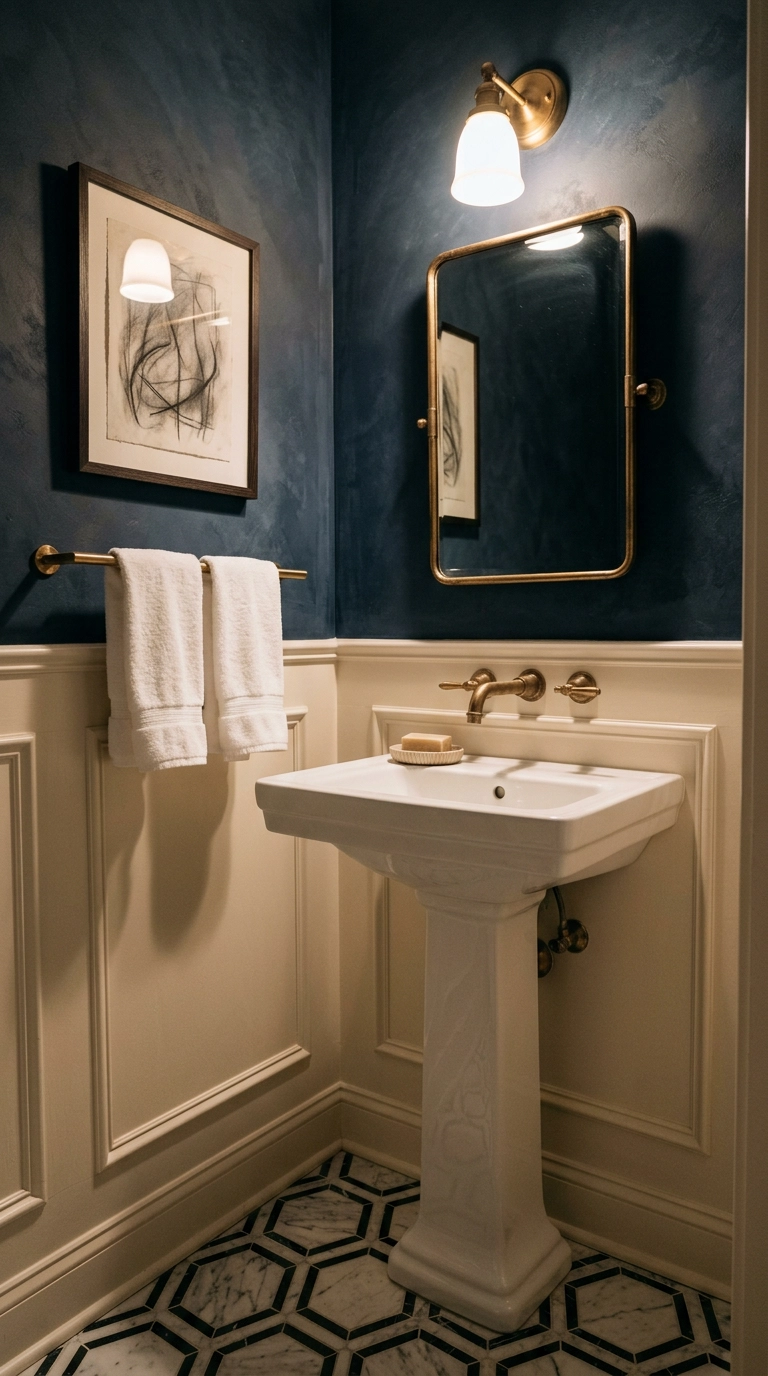 Powder room with white raised panel wainscoting below and navy limewash walls above