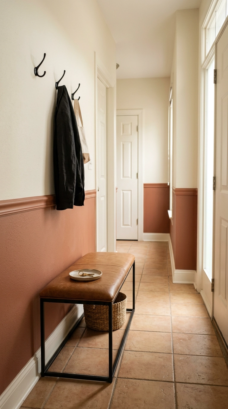Entryway hallway with horizontal chair rail molding and clay terracotta paint below bone white above