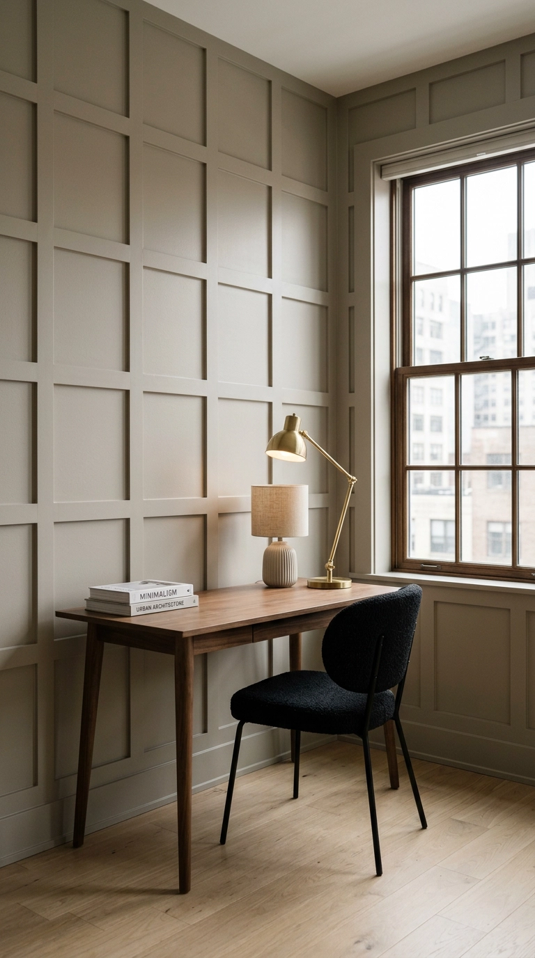 Home office wall with square grid molding painted the same warm greige as the wall