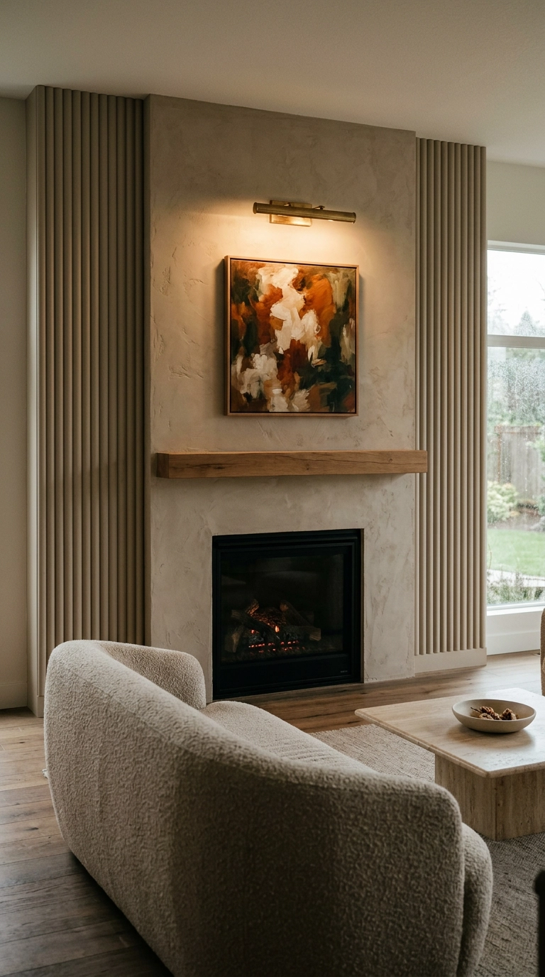 Fireplace flanked by vertical fluted wall paneling painted warm putty taupe