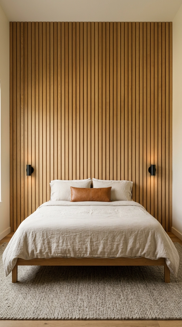 Vertical white oak slat paneling behind a bed in a warm neutral bedroom