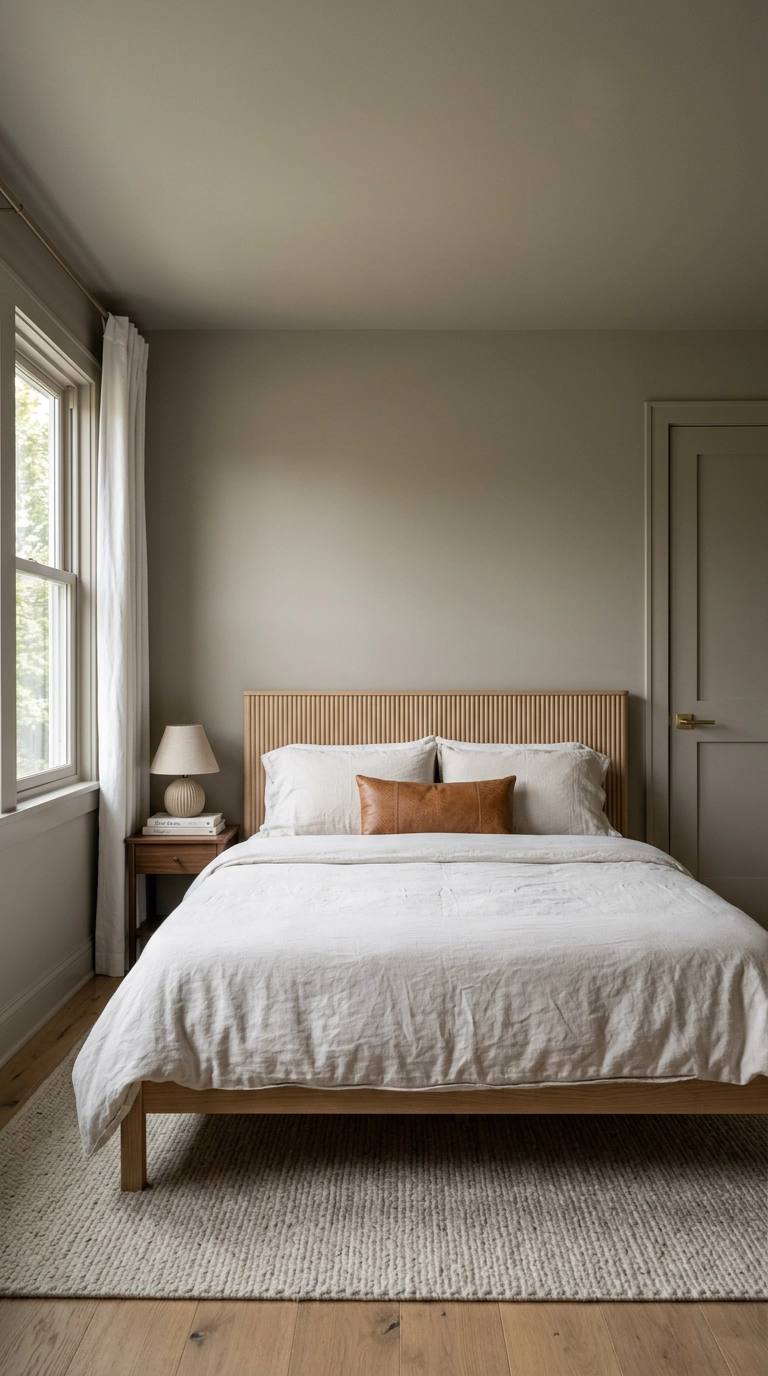 Warm neutral bedroom with greige color-drenched walls and a fluted white oak bed
