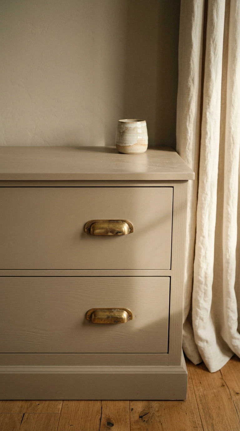 Unlacquered brass drawer pulls on a putty dresser in a warm neutral bedroom